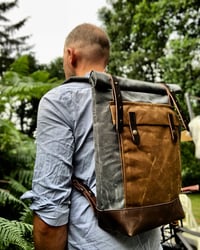 Image 2 of Waxed canvas leather rucksack medium size / Hipster Backpack with roll up top and leather bottom