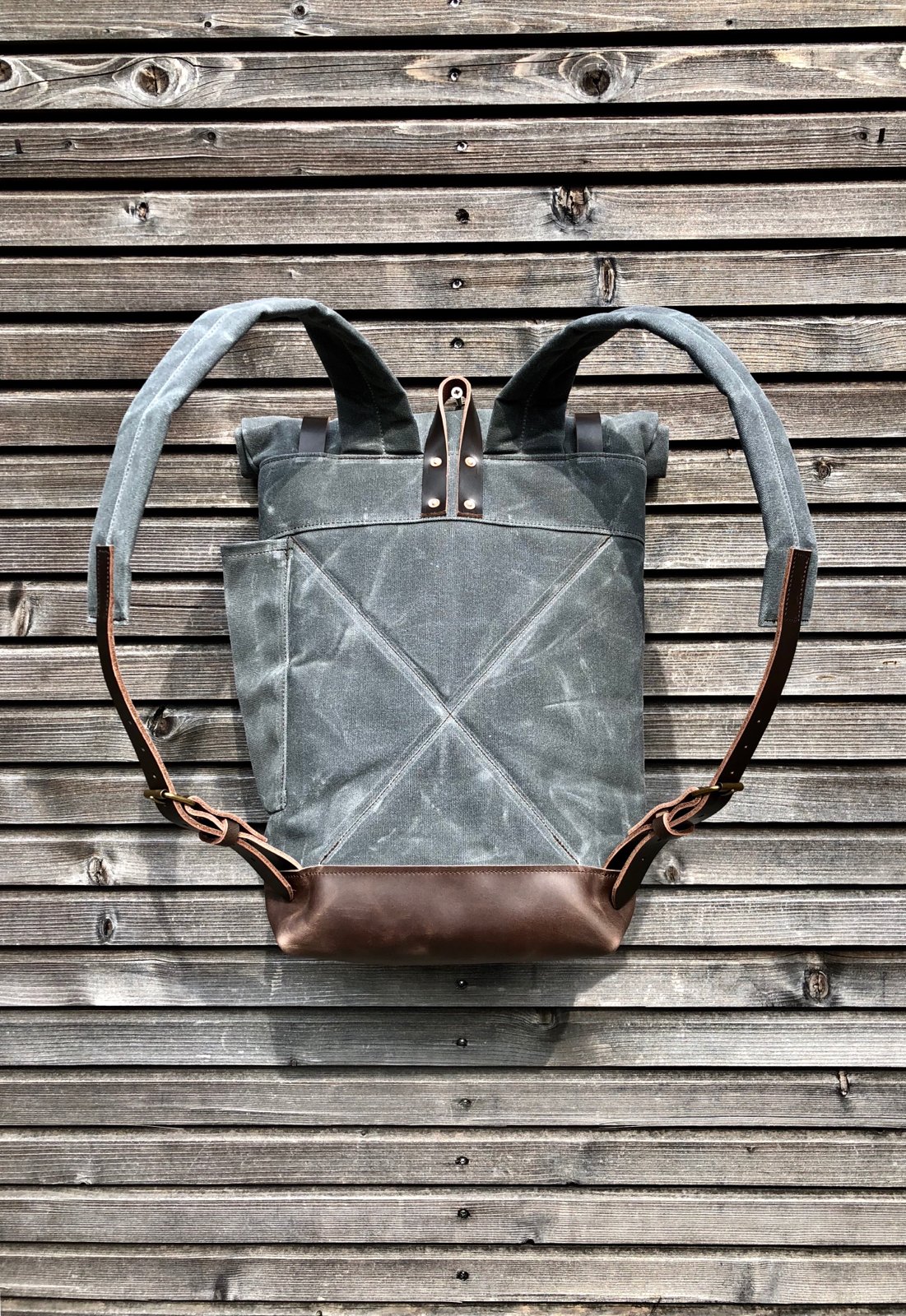 Image of Waxed canvas leather rucksack medium size / Hipster Backpack with roll up top and leather bottom