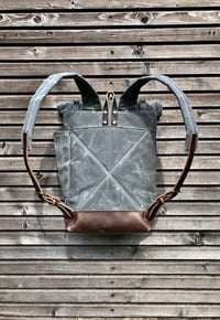 Image 3 of Waxed canvas leather rucksack medium size / Hipster Backpack with roll up top and leather bottom
