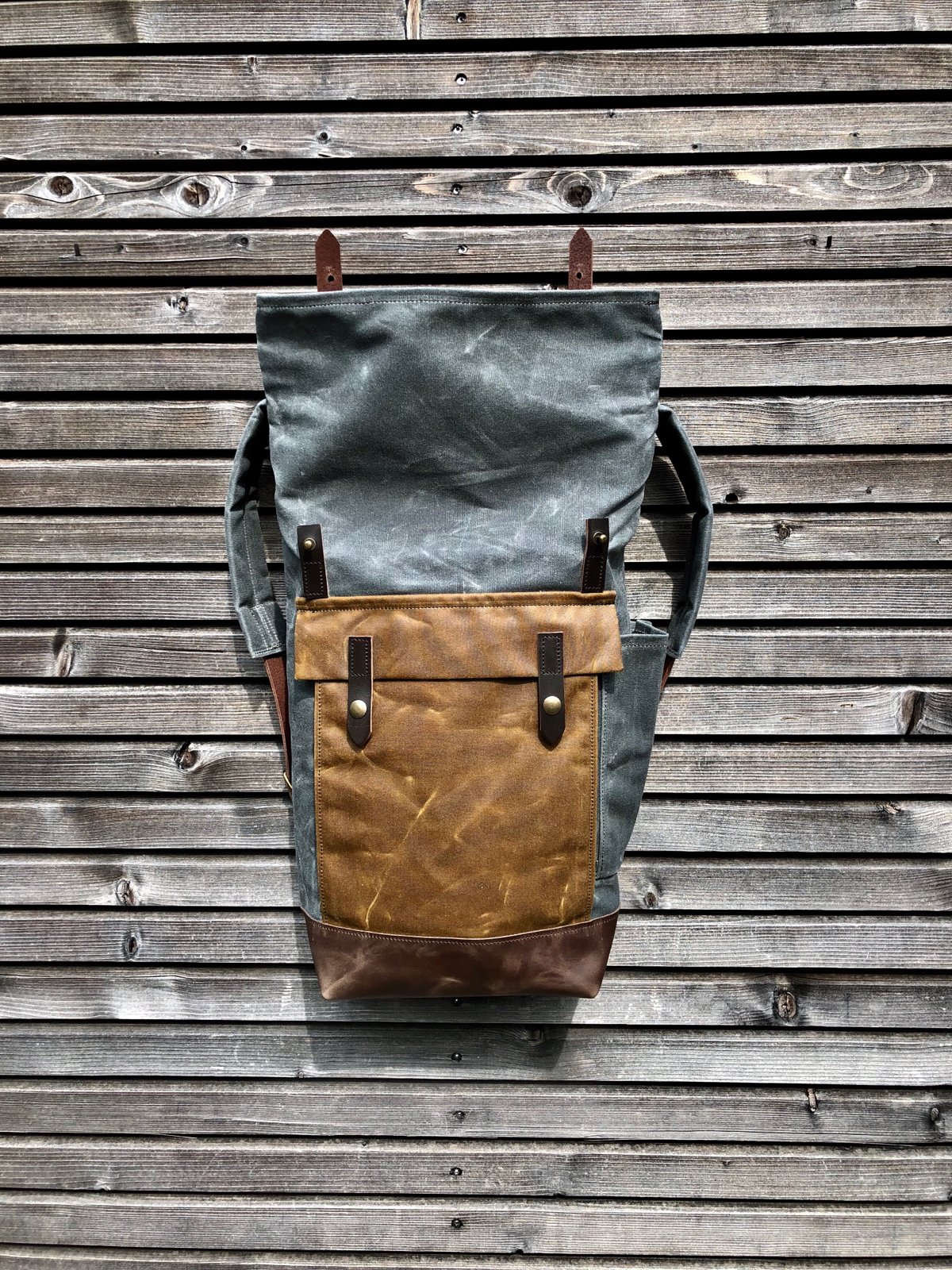 Image of Waxed canvas leather rucksack medium size / Hipster Backpack with roll up top and leather bottom