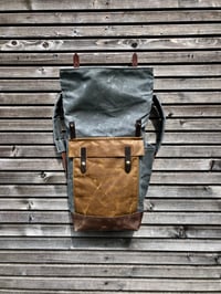 Image 4 of Waxed canvas leather rucksack medium size / Hipster Backpack with roll up top and leather bottom