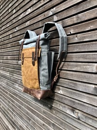 Image 5 of Waxed canvas leather rucksack medium size / Hipster Backpack with roll up top and leather bottom