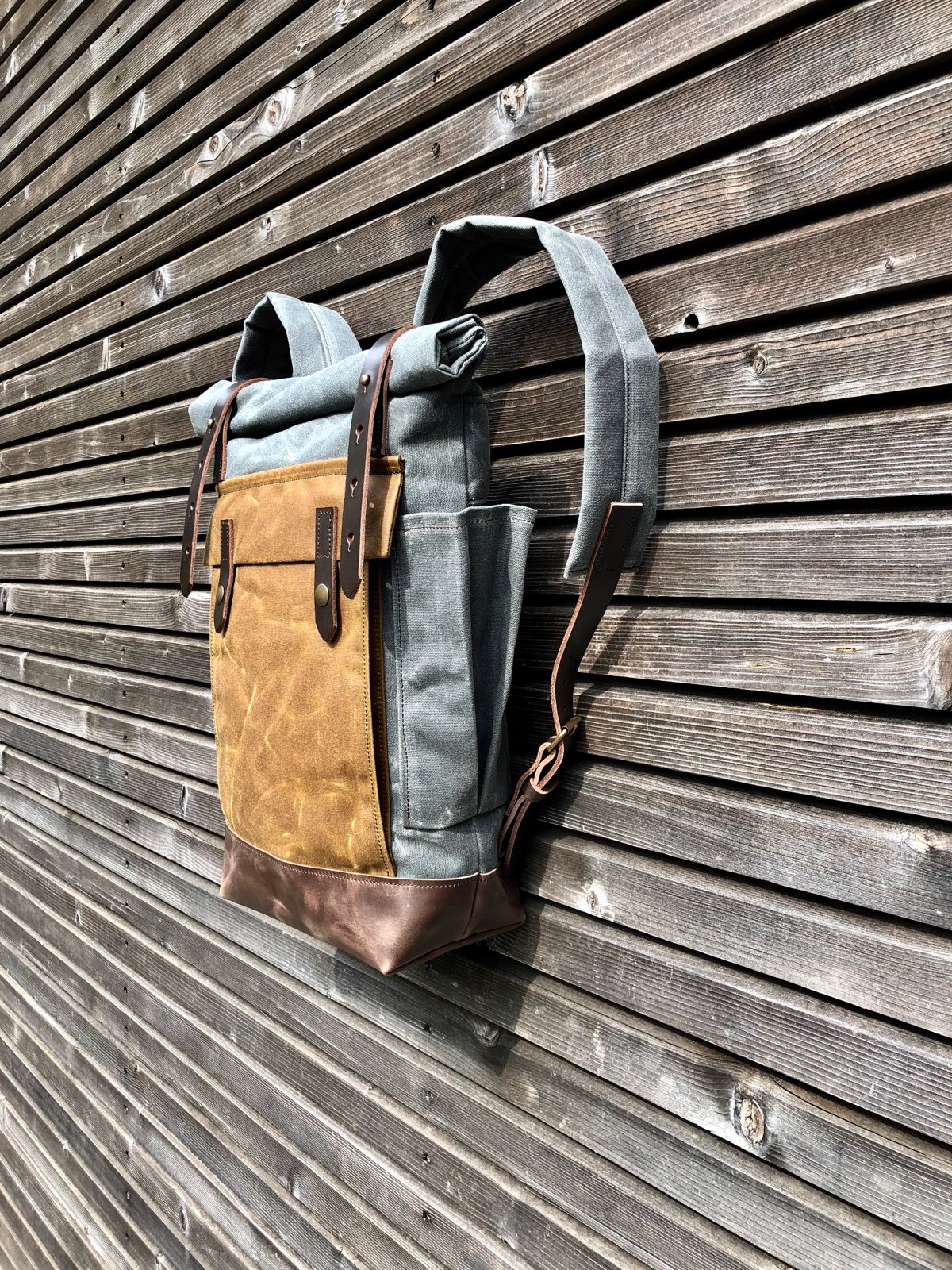 Image of Waxed canvas leather rucksack medium size / Hipster Backpack with roll up top and leather bottom