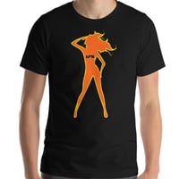 LFS LADIES SALUTE LOGO BLACK TEE YELLOW AND ORANGE PRINT