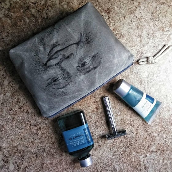 Image of MAN IN THE MOON FACE WAXED CANVAS DOPP KIT / TOILETRY BAG / ZIPPERED POUCH