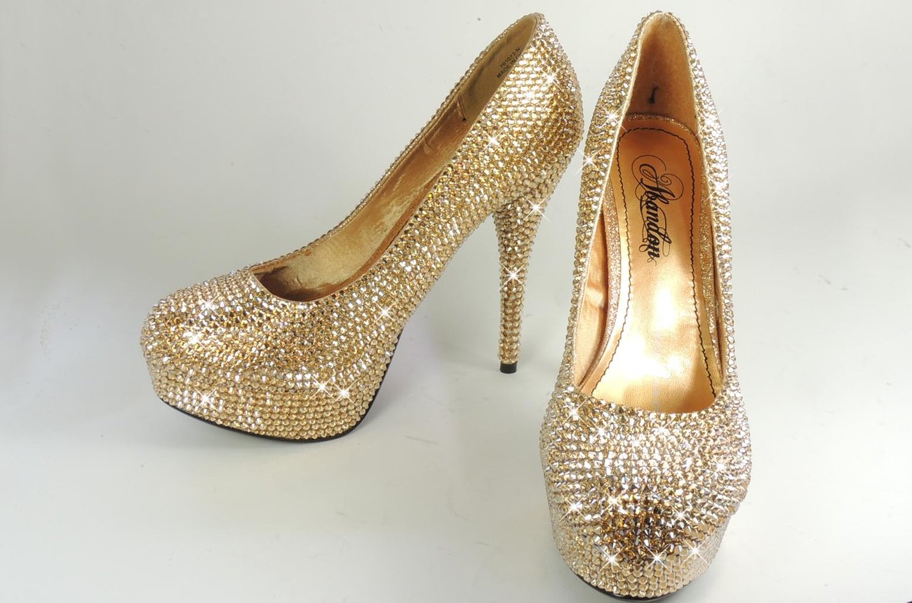 CLEARANCE: Gold Crystal Platform Heel Shoes. Size 5. | Crystalskins