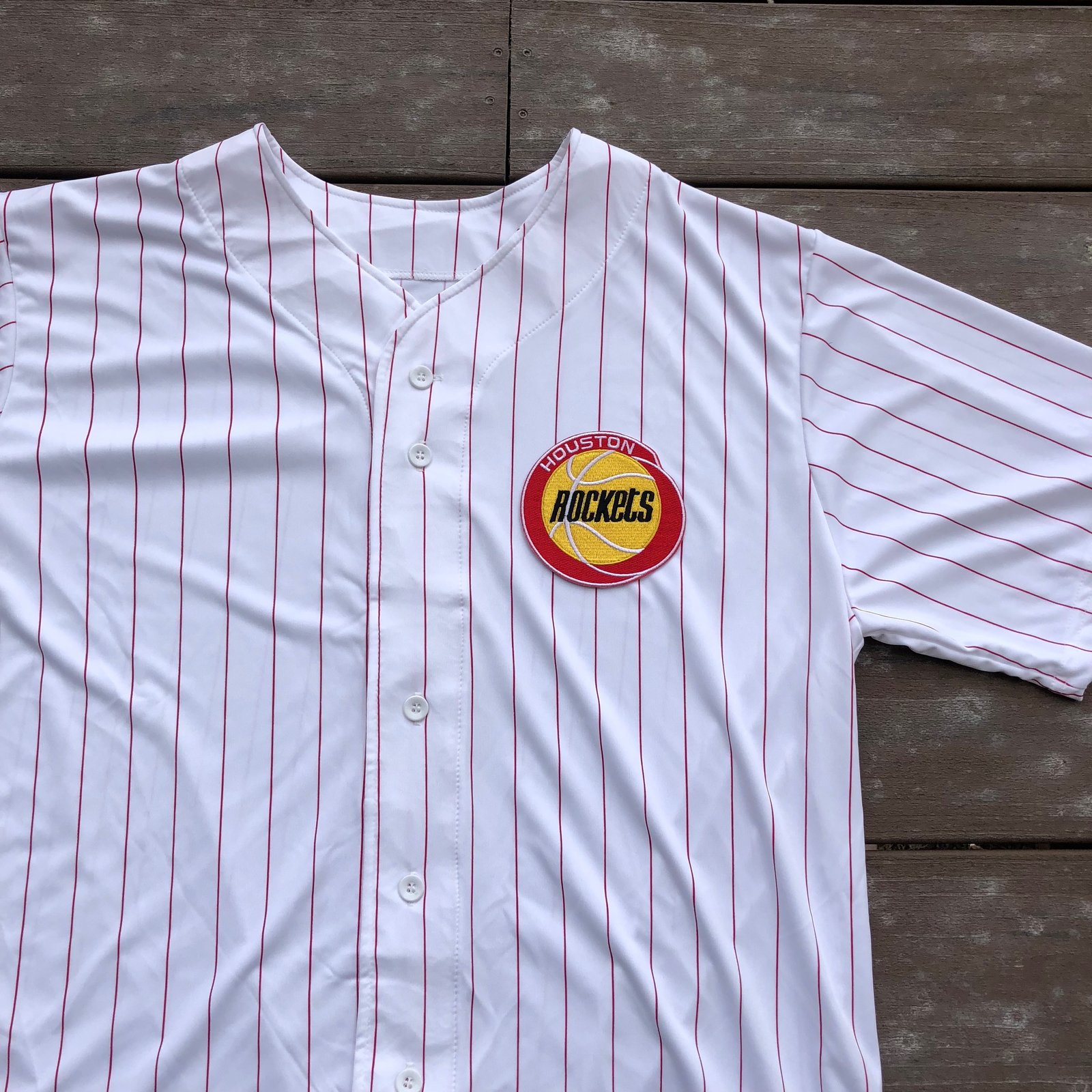 red pinstripe baseball jersey