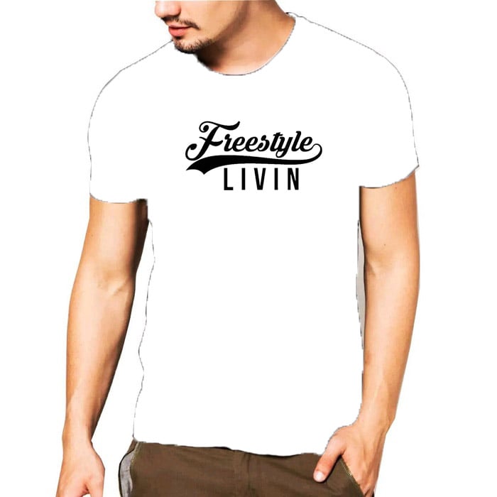 Image of Mens-White Freestyle Livin T-Shirt  (Original Logo)
