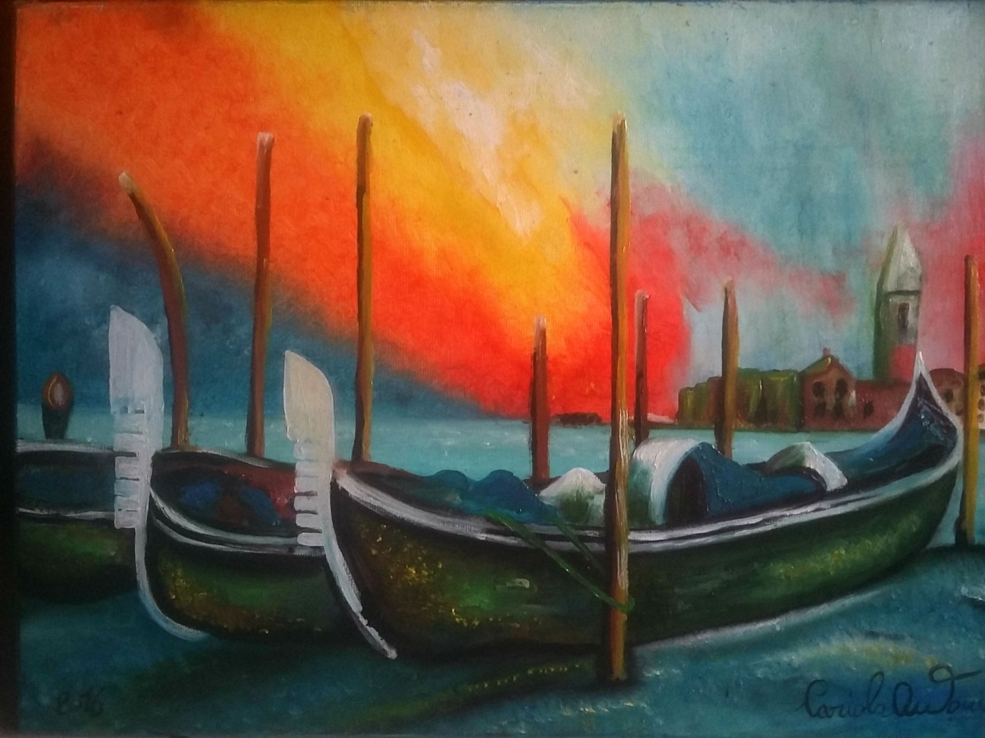 Image of Quadro dipinto a Mano Olio su tela, gondole di Venezia Italia 
