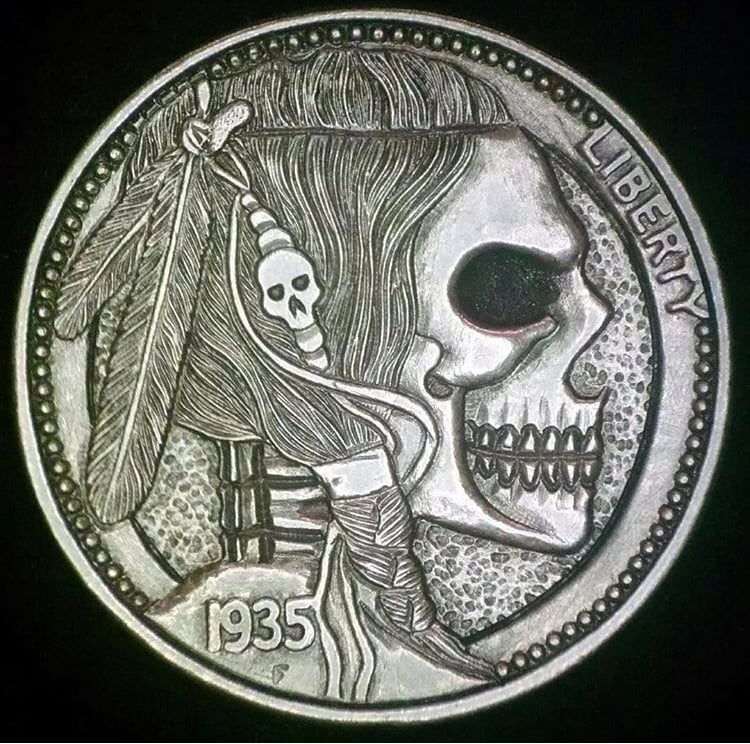 Image of Indian Skull Nickel with hair and border