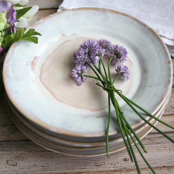 Image of Handcrafted Rustic White Dinner Plates Pottery Dinnerware Set of Four Made in USA