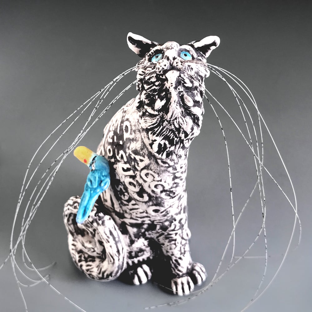 Image of Ceramic Cat and Bird Sculpture - Pick Me Mimmie