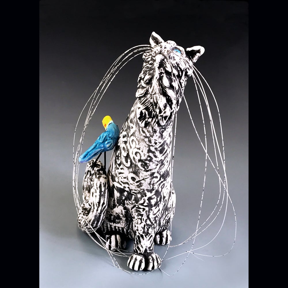 Image of Ceramic Cat and Bird Sculpture - Pick Me Mimmie