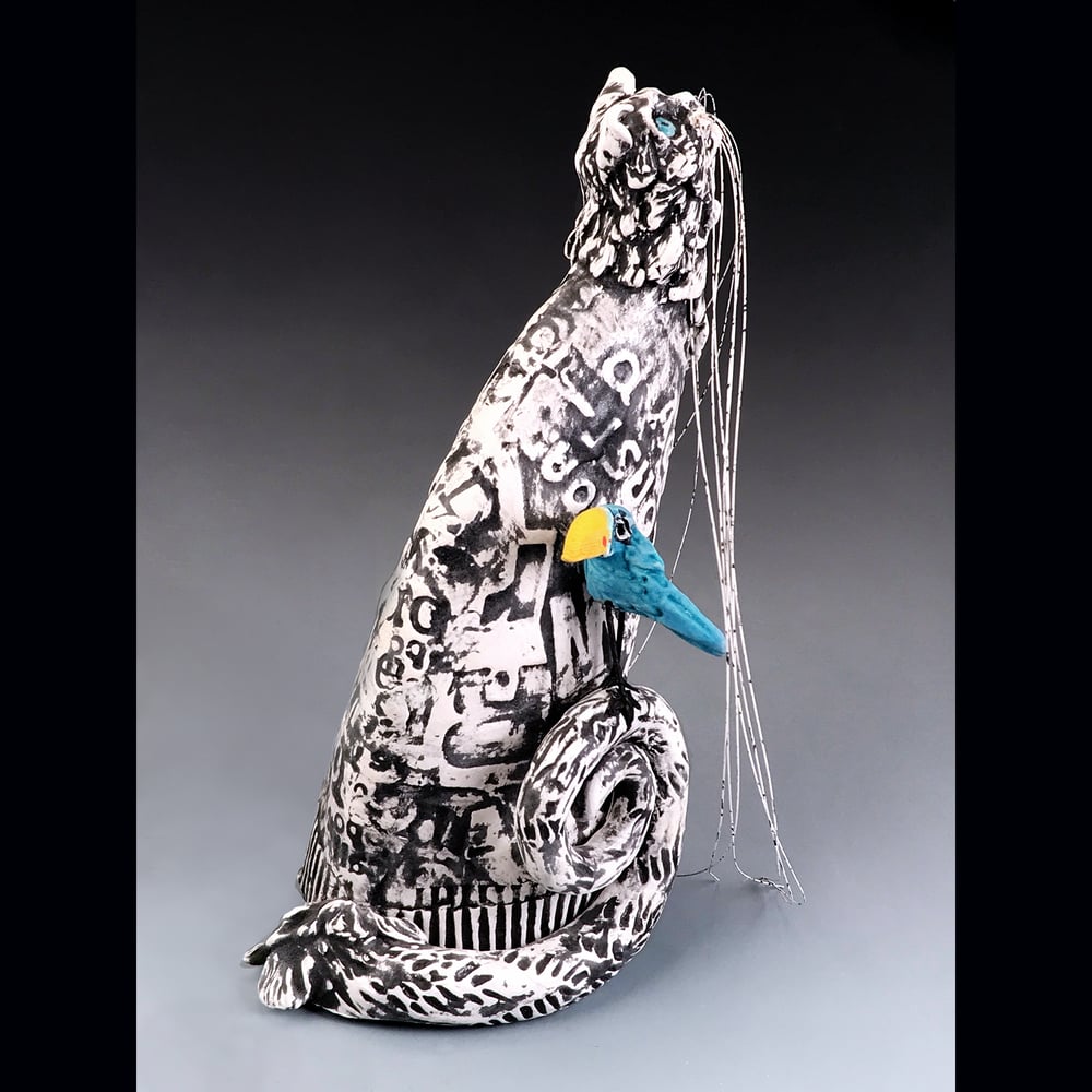 Image of Ceramic Cat and Bird Sculpture - Pick Me Mimmie