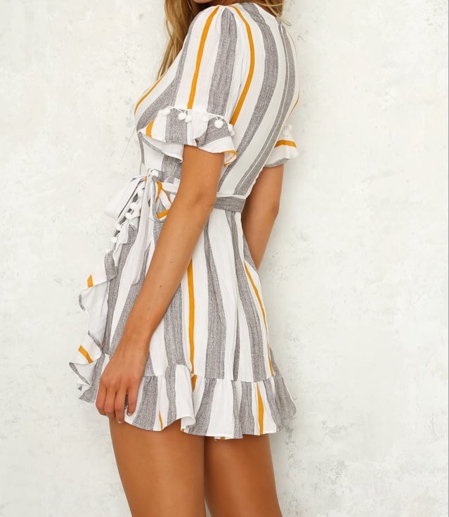 Image of The new print color stripe deep V waist short-sleeved dress
