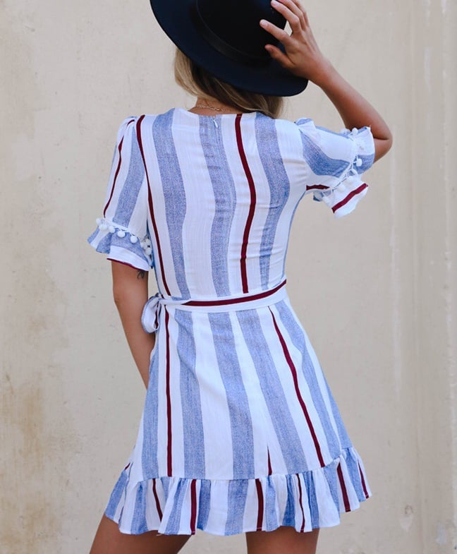 Image of The new print color stripe deep V waist short-sleeved dress