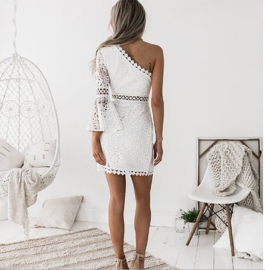 Image of Sexy slanted lace patchwork long sleeve dress