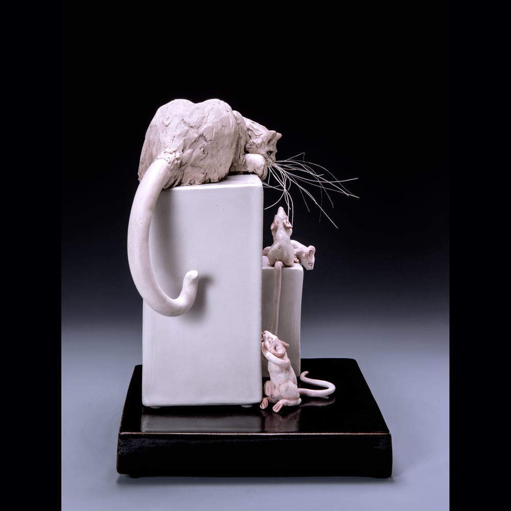 Image of Ceramic Cat Sculpture - Cat Stalking Mice