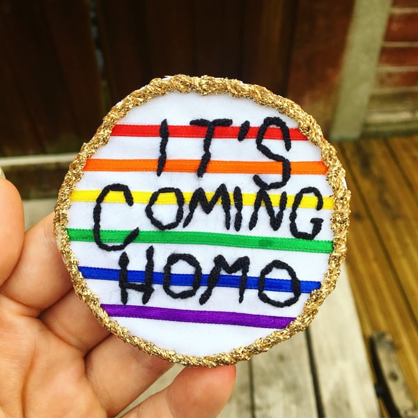 Image of LGBTQ+ Pride x England World Cup "It's Coming Homo" Hand-Embroidered Patch *LIMITED AVAILABILITY*