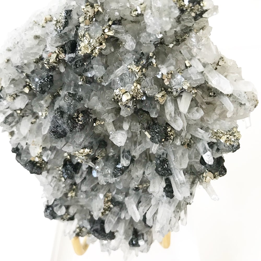 Image of Quartz/Pyrite no.49 + Lucite and Brass Stand Pairing