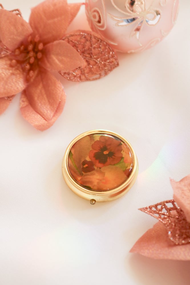 Image of Gold Toned Pansy and Iris Pill Box
