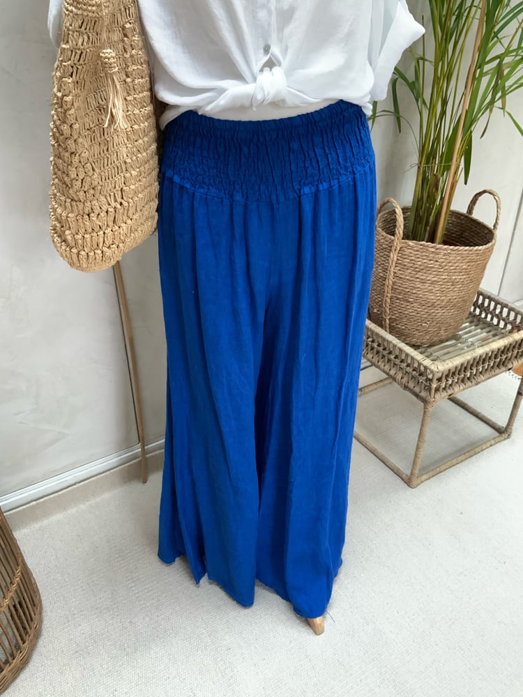 Image of Pantalon en lin palazzo Bleu Mykonos