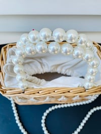Image 2 of  Woven straw box purse with Pearl handles and fringe trim 
