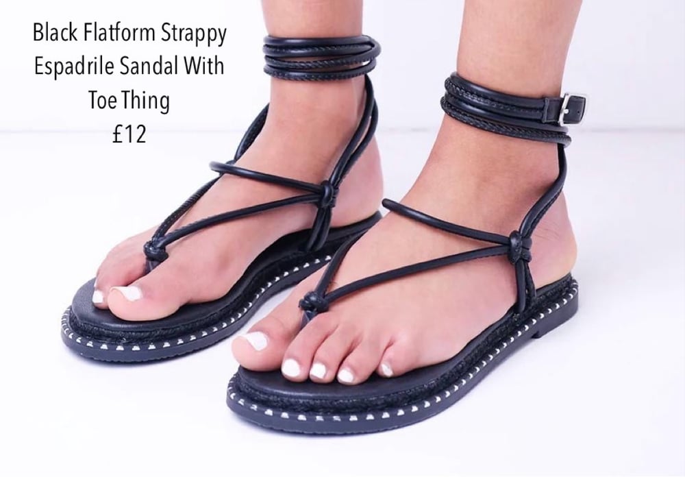 Image of Black Flatform Strappy Espadrille Sandal With Toe Thong 
