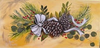 Image 1 of Christmas greens with red berries and pine cones and a sweet white bow. 