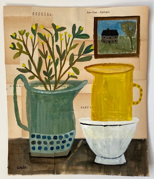 Image of still life with green jug and leaves 