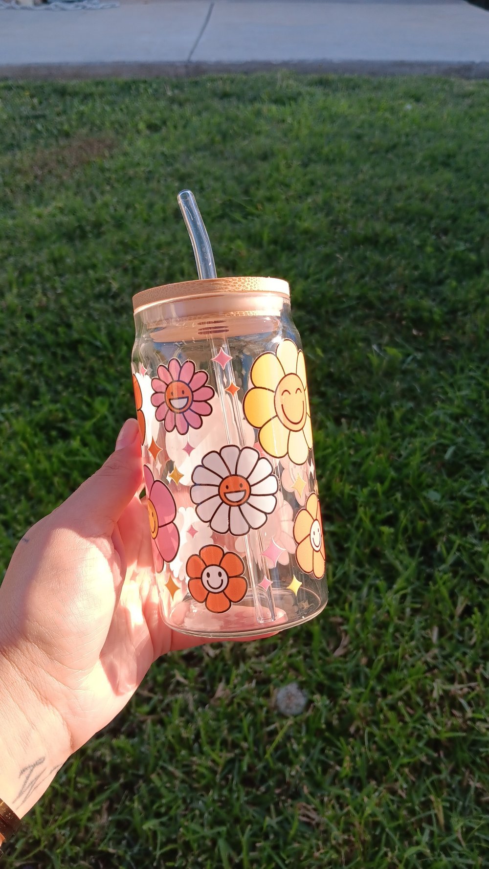 Image of Groovy flowers glass can READY TO SHIP 