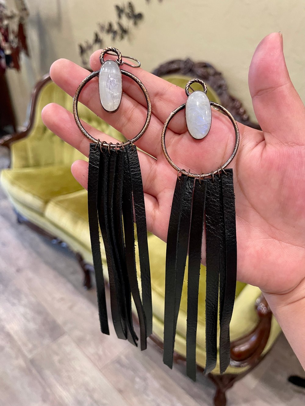 Moonstone Leather Fringe Earrings