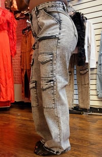 Image 5 of Black stone washed cargo jeans .