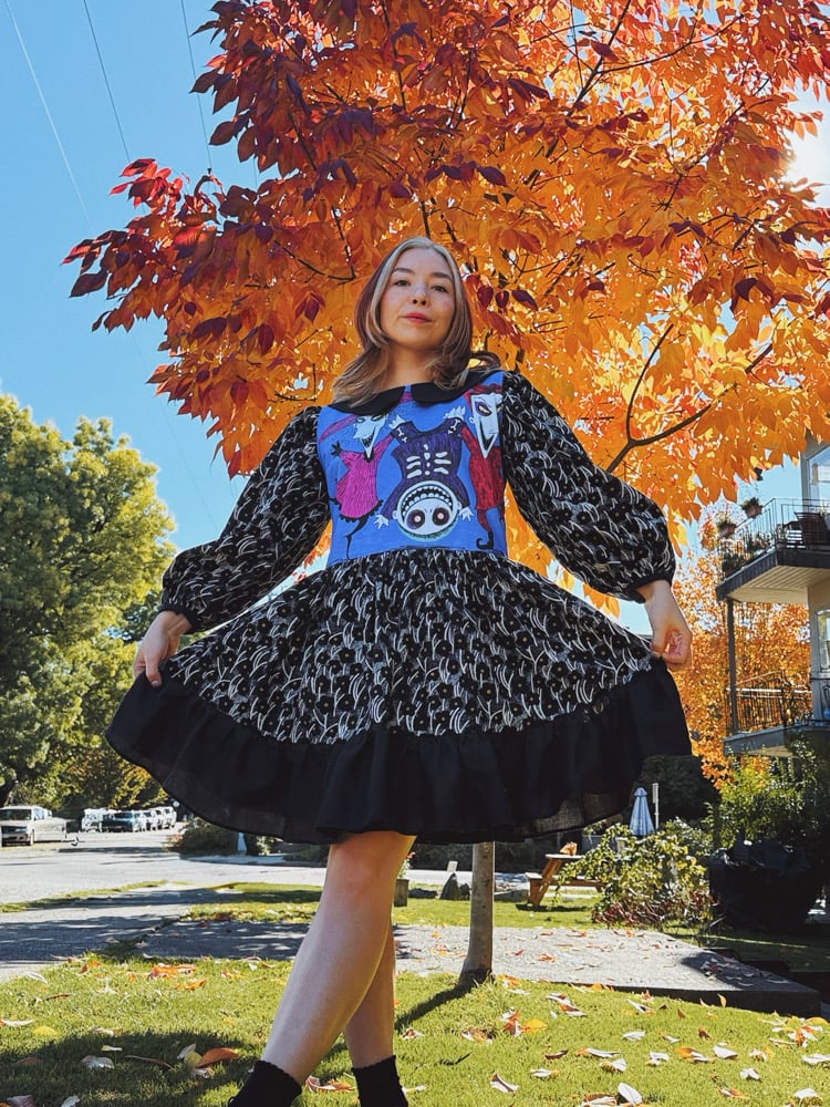 Image of Collared Puff Long Sleeve Dress — Halloween Black Ruffle