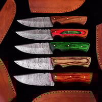 Image 1 of Set of 5 Handmade Damascus Steel Skinner Knives with Dollar Wood Handles & Cowhide Leather Sheaths