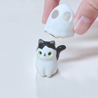 Image 4 of Black And White Kitty With Ghost Mask Ceramic Figurine 1 