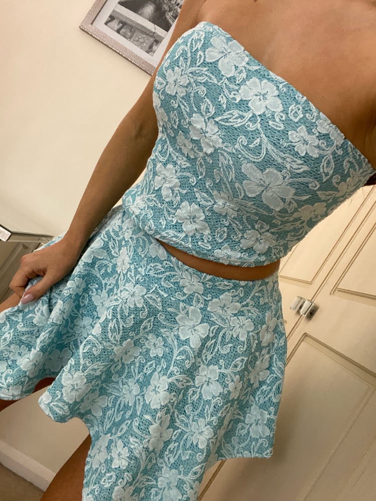 Image of Hanky Hem Bandeau Co-Ord In Sky Blue Textured Lace Effect