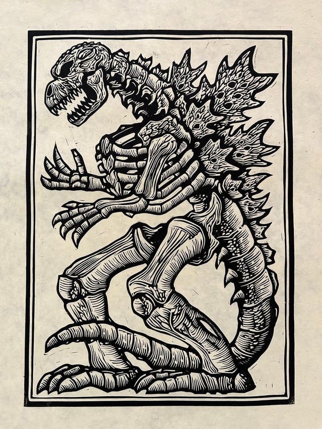 Godzilla Skeleton Block Print