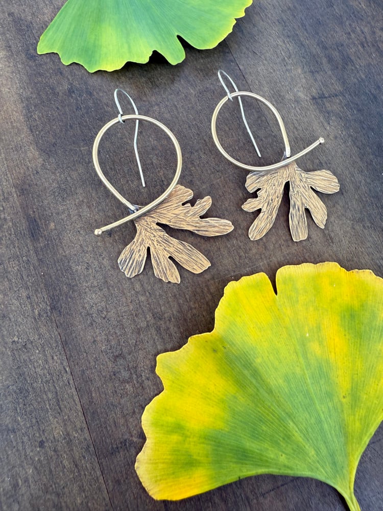 Image of Funky Ginkgo Shape Brass Statement Hoops