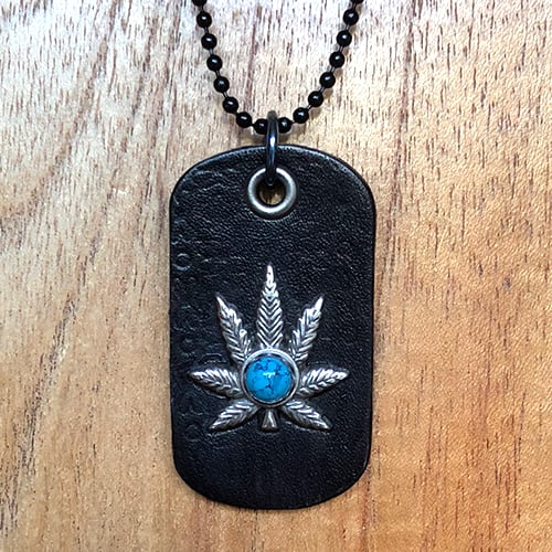 Image of Black leather dog tag necklace with Hemp design