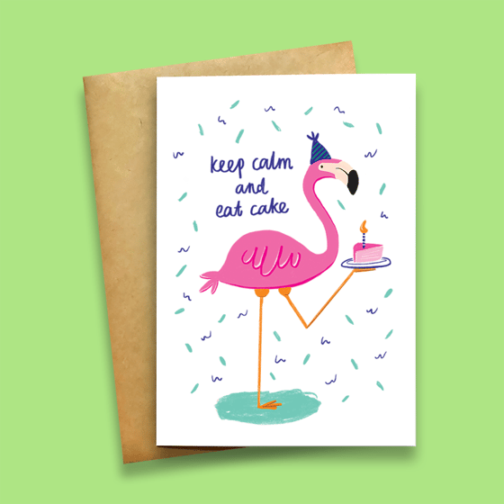 Image of Flamingo keep calm and eat cake card