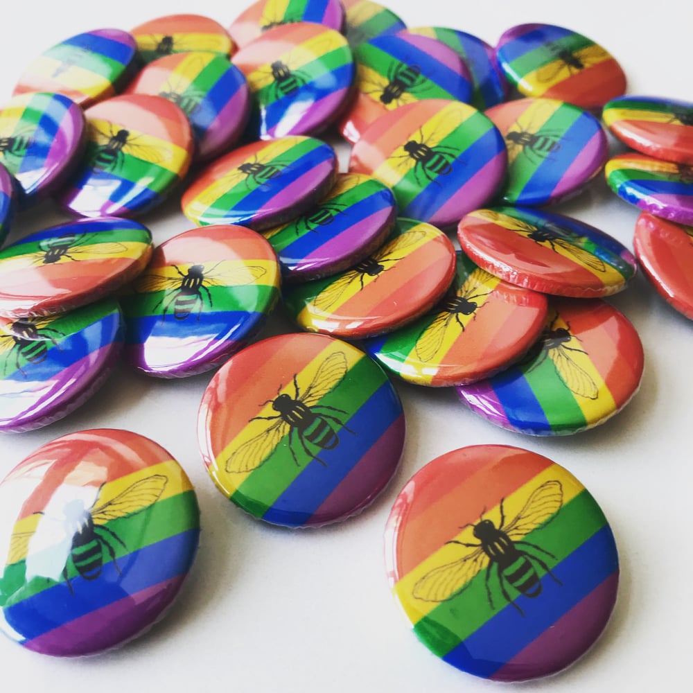 Image of Rainbow Pride Manchester Bee button badge
