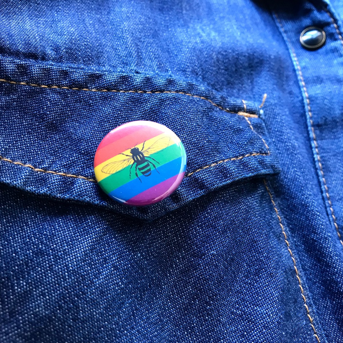 Image of Rainbow Pride Manchester Bee button badge