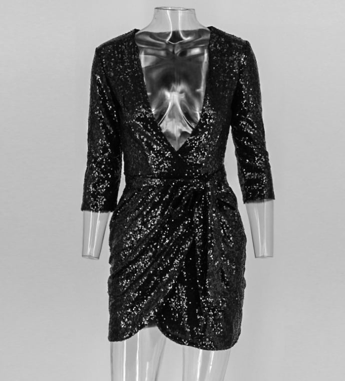 Image of Deep V sexy sequined dress
