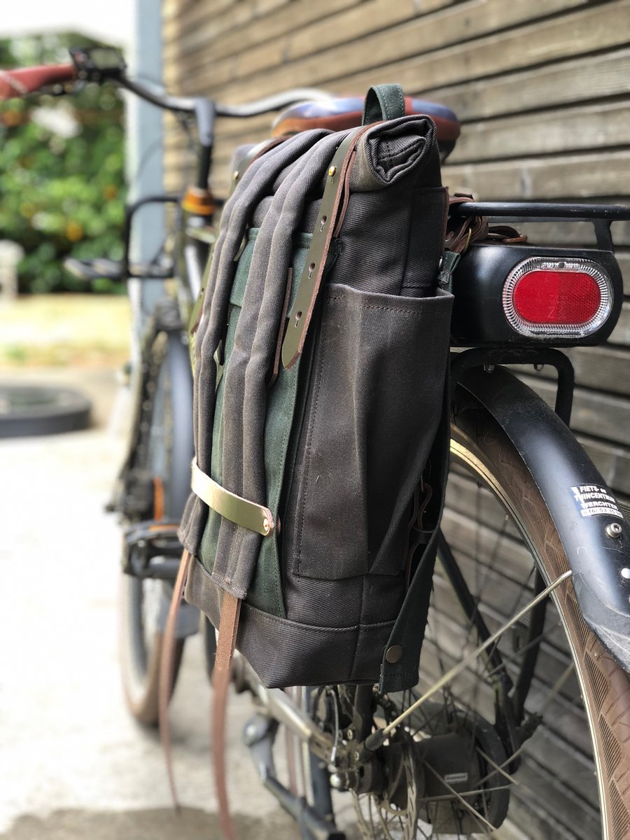 Image of Convertible backpack into bike pannier / bicycle bag in waxed canvas / bike accessories