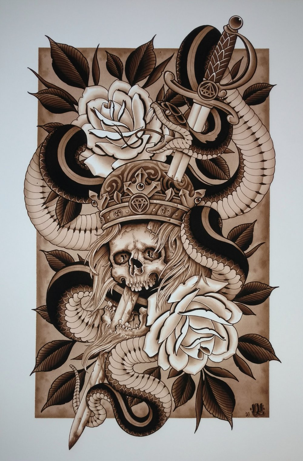 Image of Snake & Skull (Sepia Print)