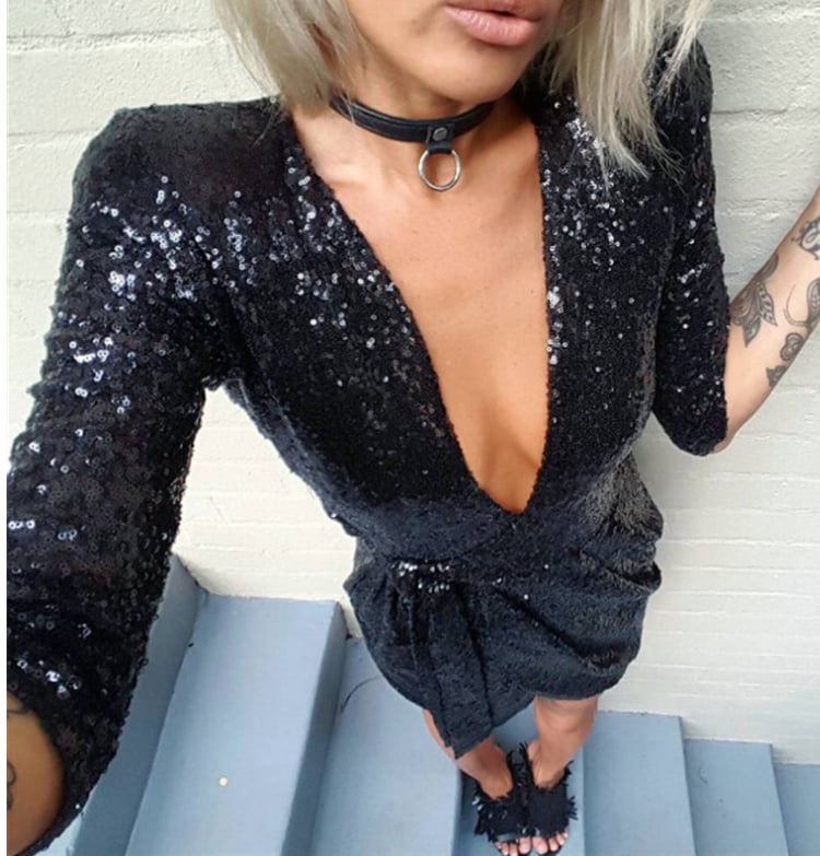 Image of Deep V sexy sequined dress