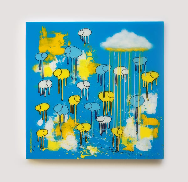 Image of Raining Cows, "RAIN OR SHINE (I SEA BLUE)" 24"X24"