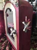 Garnet & Red Aura Quartz - Goat Skull, Glass, Curio Display Cabinet.