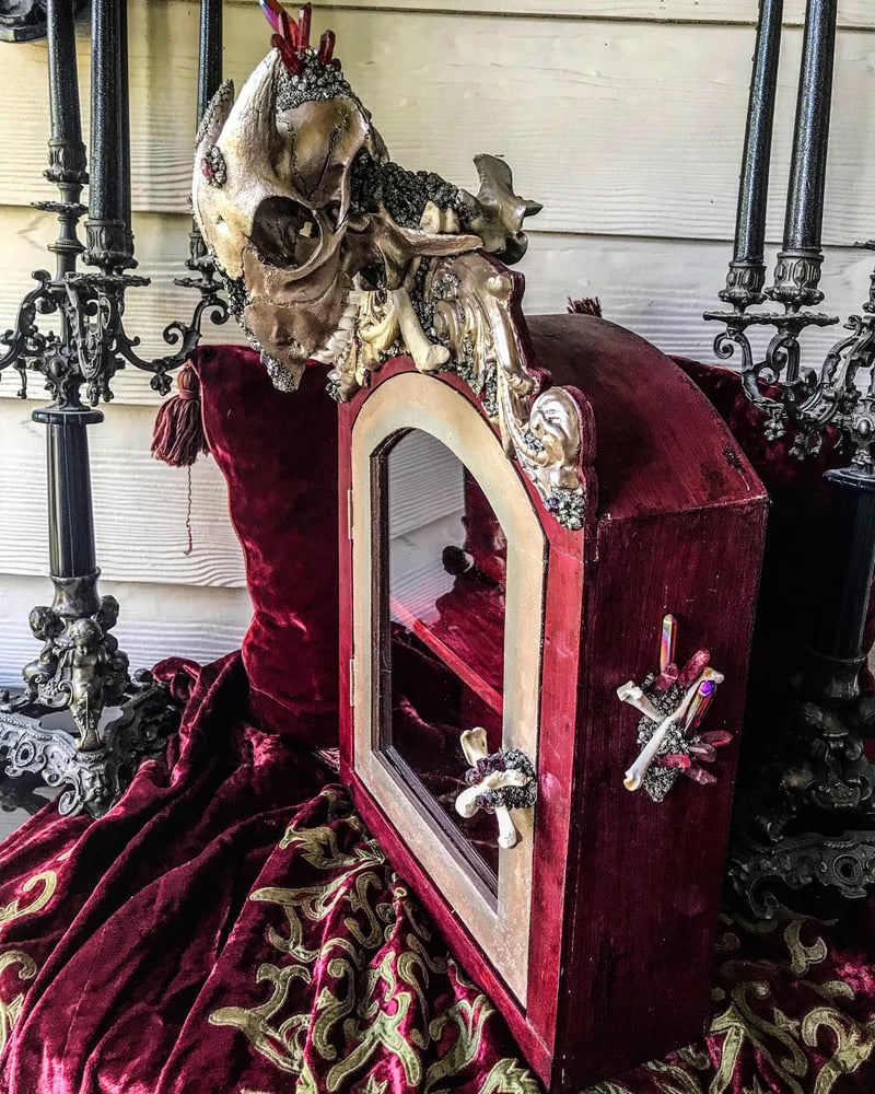 Image of Garnet & Red Aura Quartz - Goat Skull, Glass, Curio Display Cabinet.
